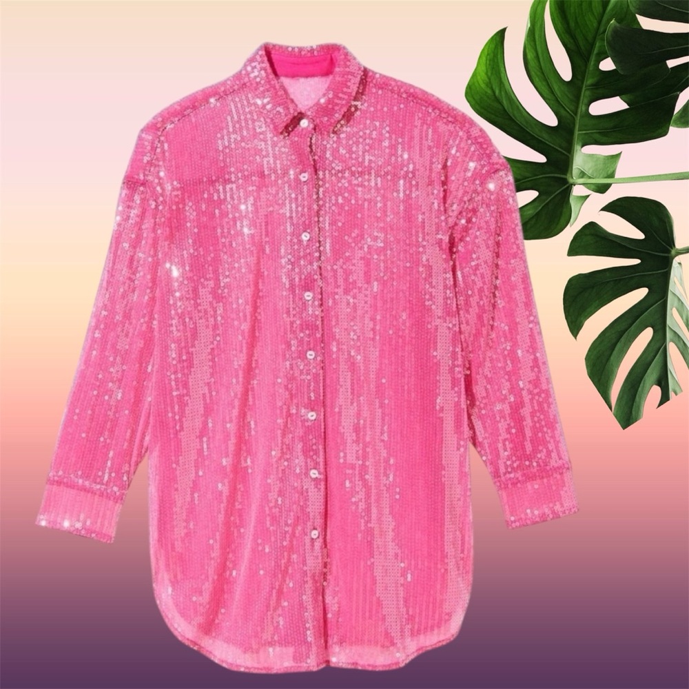 NWT MEDIUM VICTORIA'S SECRET SWIM Sequin Forever Pink Boyfriend Shirt Dress